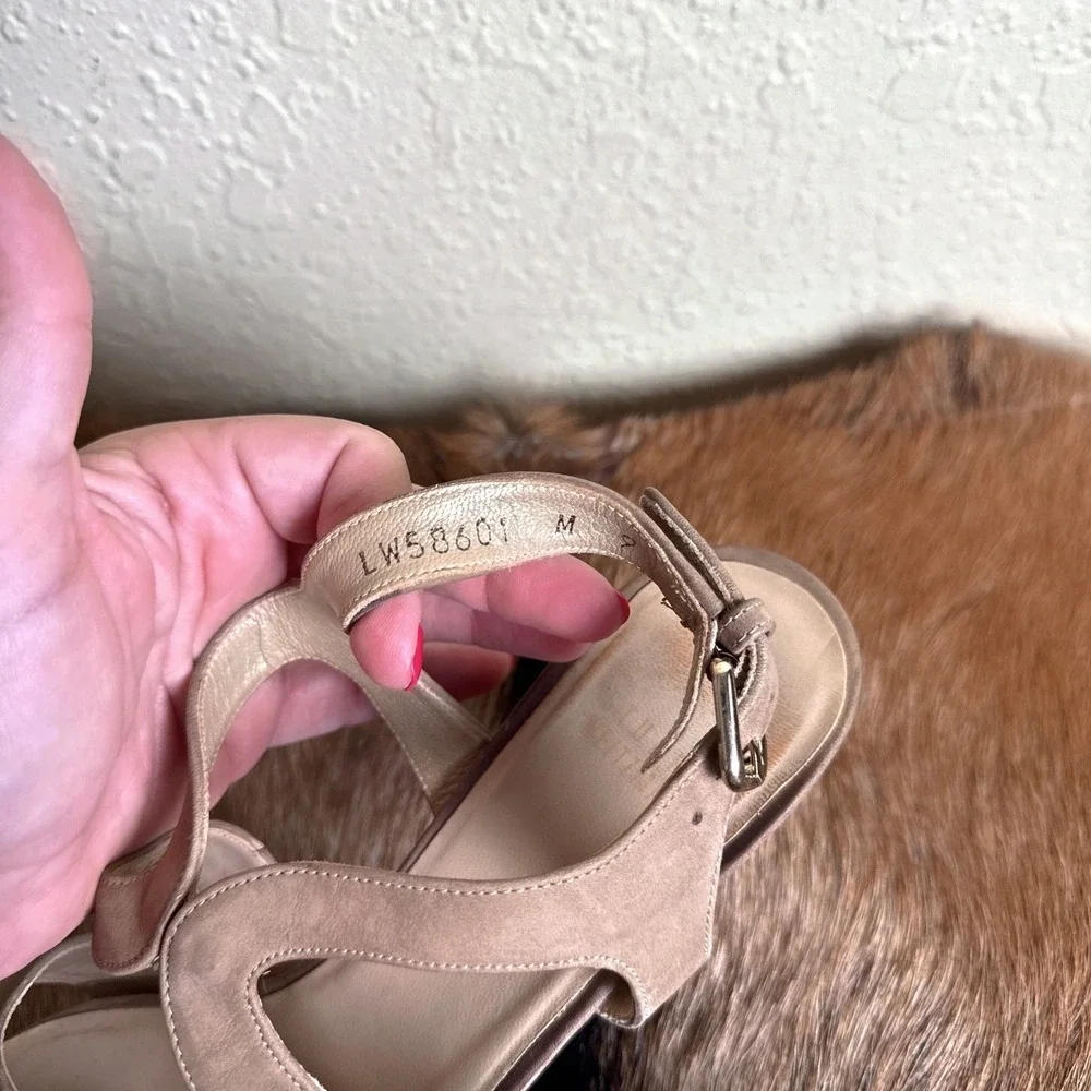 Stuart‎ Weitzman 9 Tan Leather Cone Heeled Cage Ankle Strap Sandals Neutral